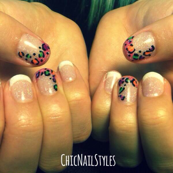 We did the thumb and ring a pink french and then added the neon leopard spots on this French twist :)
