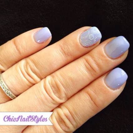 Lavender and White Gel Mani with white stamping